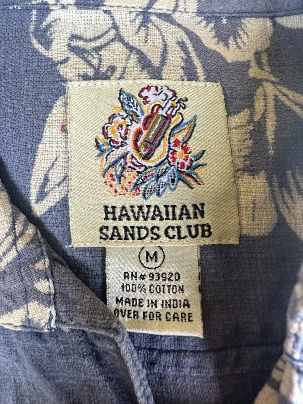 Hawaiian Sands Club Men's Floral Pattern Blue Beige Hawaiian Shirt Medium Cotton